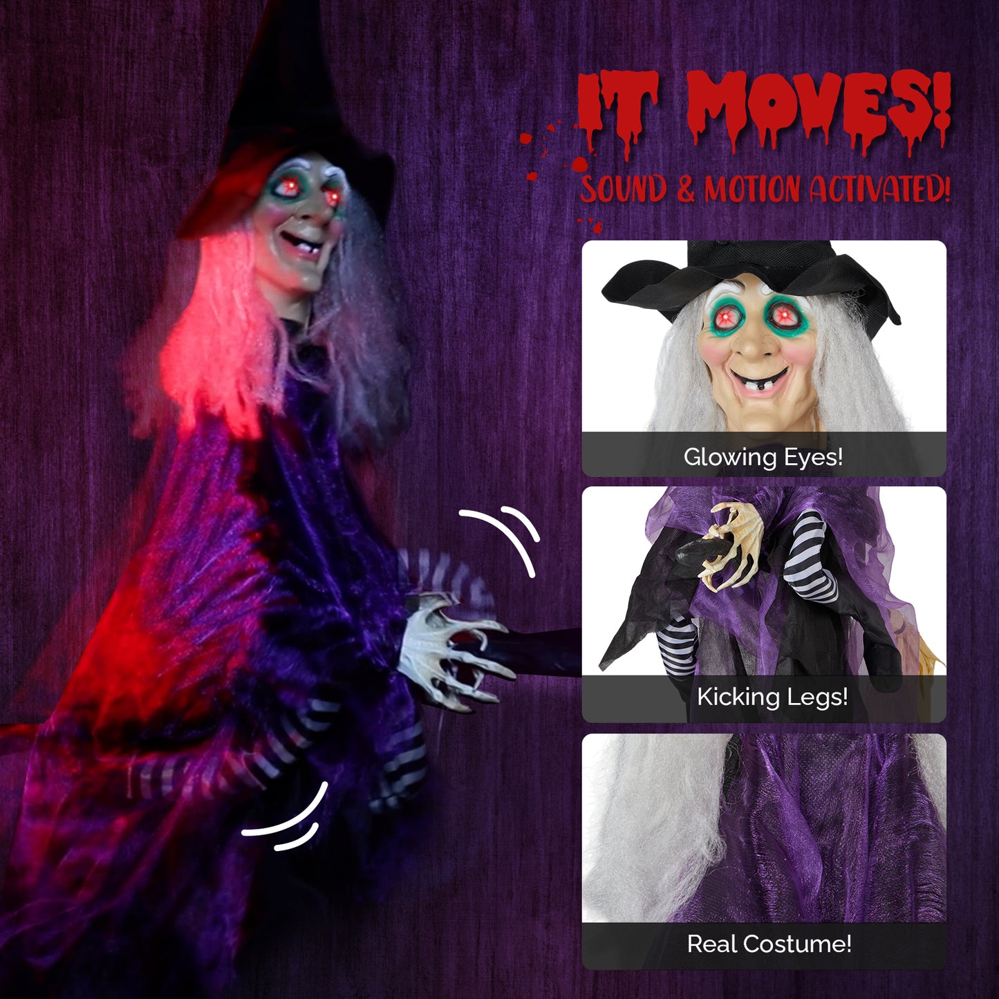 3ft Witch Halloween Hanging Decoration Talking Witch Glow Eyes with LED lights