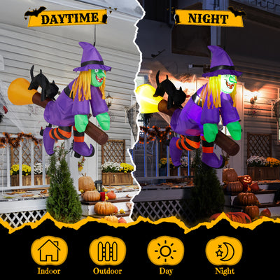 3.9 FT Halloween Inflatable Witch Riding Broom Broke Out Built-in LED Decoration