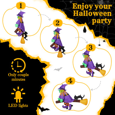 3.9 FT Halloween Inflatable Witch Riding Broom Broke Out Built-in LED Decoration