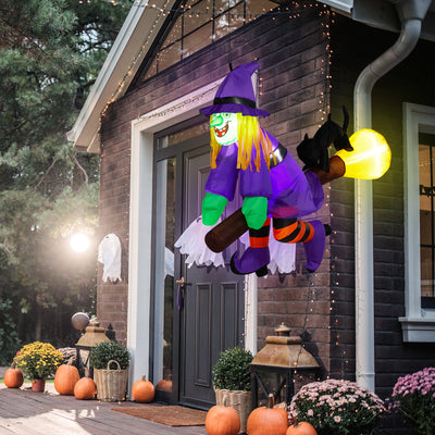 3.9 FT Halloween Inflatable Witch Riding Broom Broke Out Built-in LED Decoration