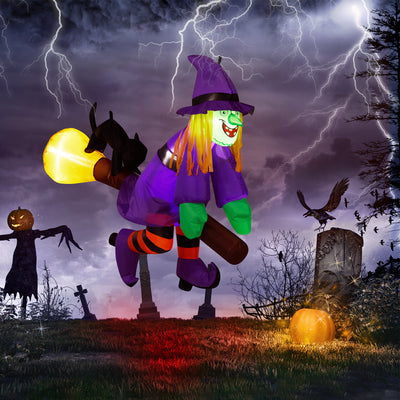 3.9 FT Halloween Inflatable Witch Riding Broom Broke Out Built-in LED Decoration