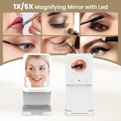 Travel Makeup Mirror with 3 color Lights Portable 5 X Lighted Magnification