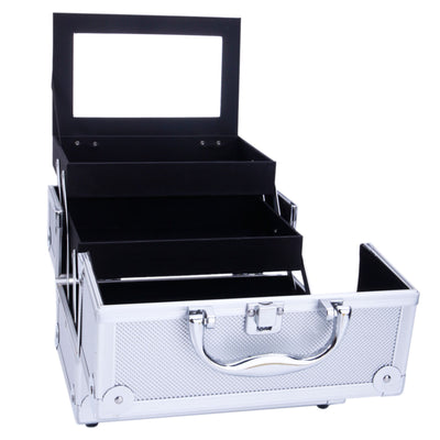 Aluminum Makeup Train Case Jewelry Box Cosmetic Organizer with Mirror Silver